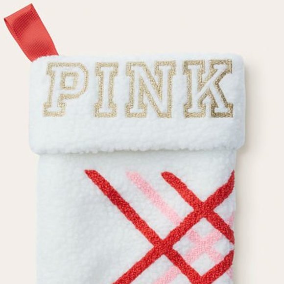 PINK VICTORIA'S SECRET CHRISTMAS STOCKING WHITE/RED/PINK WITH GOLD LETTERS**NEW! - Picture 2 of 4